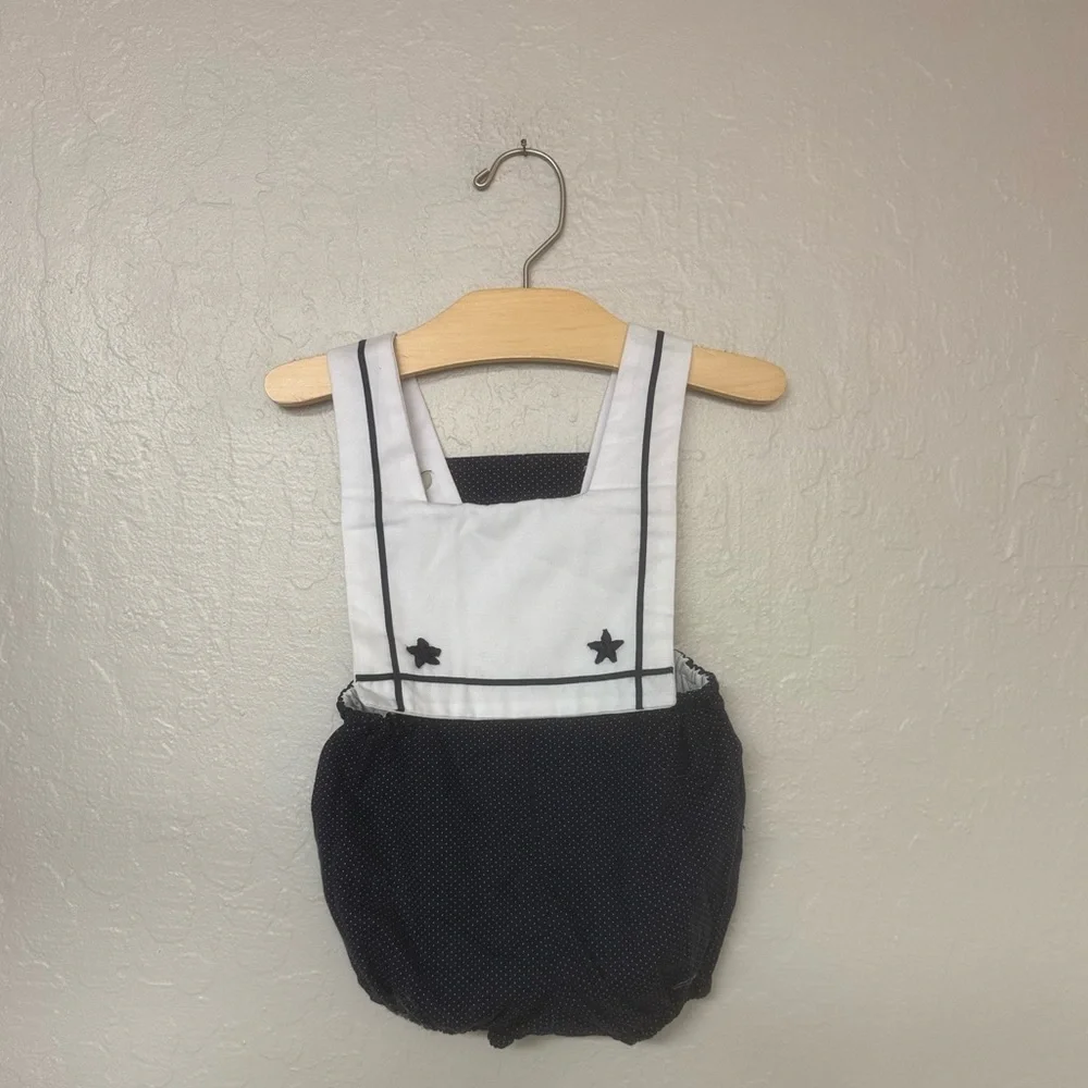 Classic Navy Polka Bubble Romper with White Straps - Kids Casual Dress